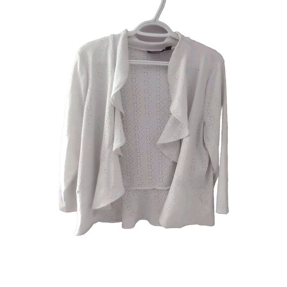 Nina Leonard Open Front Cardigan Sweater Women Large White Ruffle Hem Eyelets - Picture 1 of 7